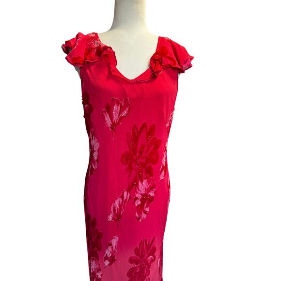 Paradise NY Pink Red Floral Beaded Midi Dress Bias Cut Y2K Romantic Boho (XL) - Picture 5 of 9
